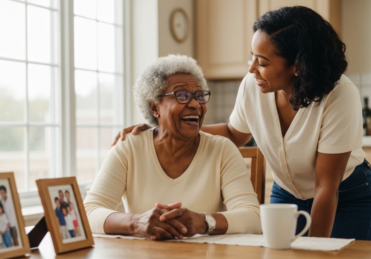 A grandmother laughs warmly at her kitchen table while her adult daughter rests a hand on her shoulder.
