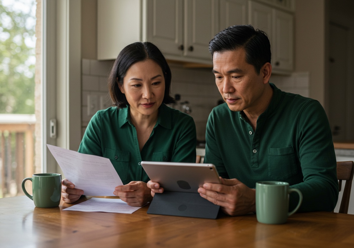 A couple reviews paperwork and a tablet together at their kitchen table in calm morning light.