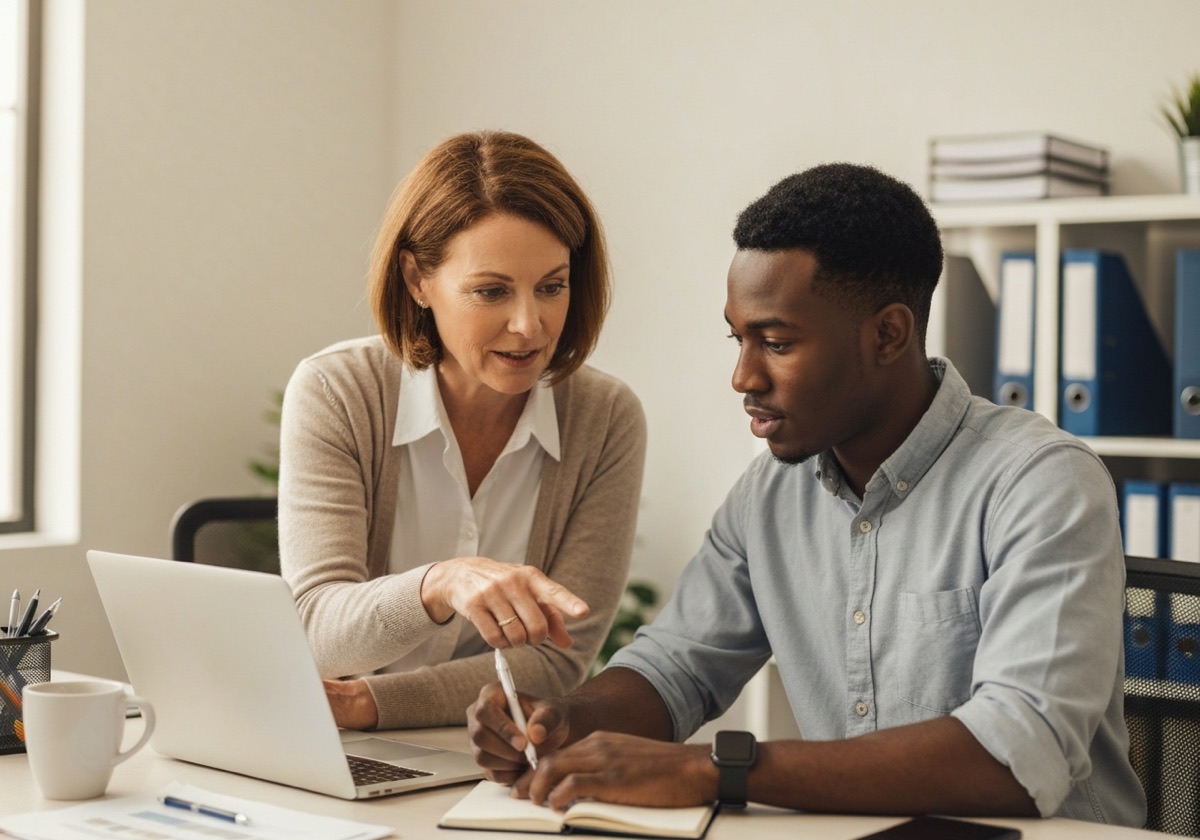 A seasoned agent points at a laptop screen, mentoring a younger colleague who takes notes at an ordinary office desk.