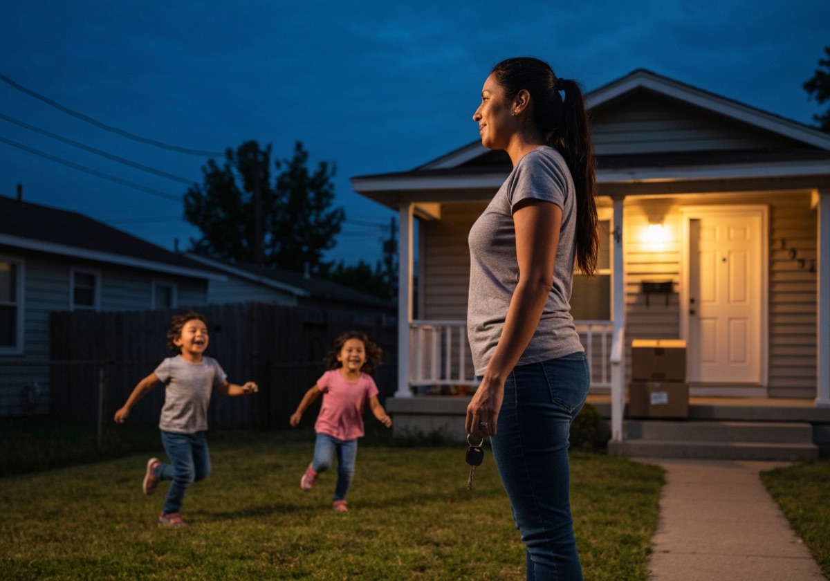 A mother watches her two laughing kids play in the yard at dusk, house keys in hand, the porch light glowing behind them.