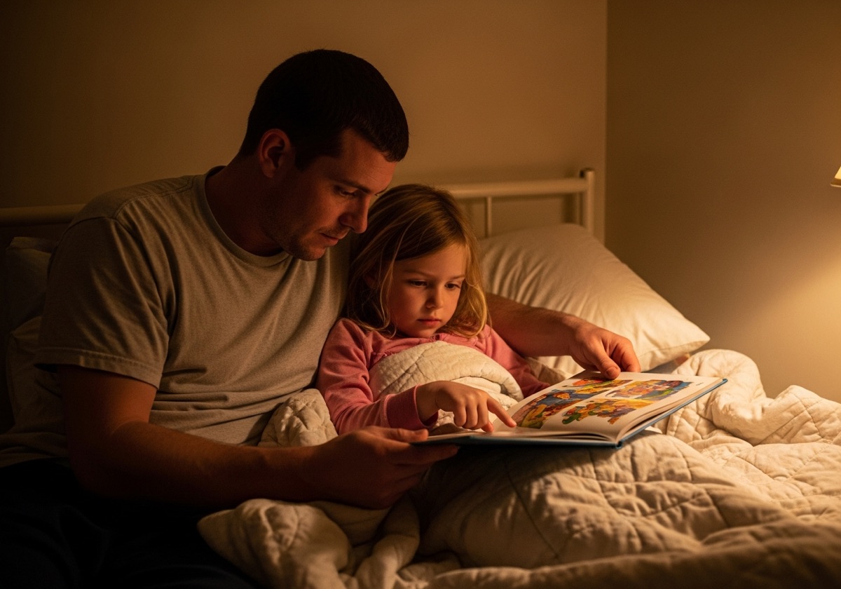 A young father reads a bedtime story to his daughter under warm lamplight.